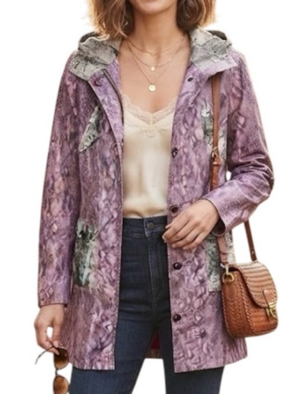 CUSTO BARCELONA Purple Black Animal Print Hooded Waterproof Jacket M